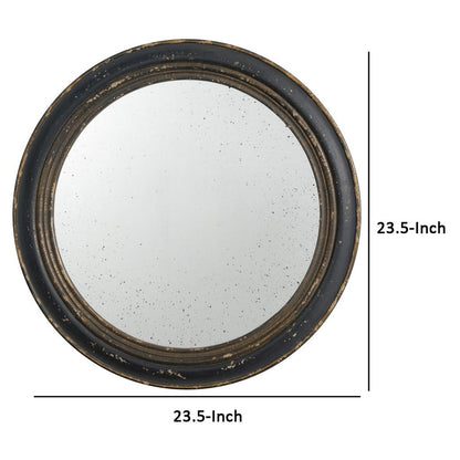 24 Inch Round Wall Mount Mirror, Molded Trim Wood Frame, Distressed Brown - View 5