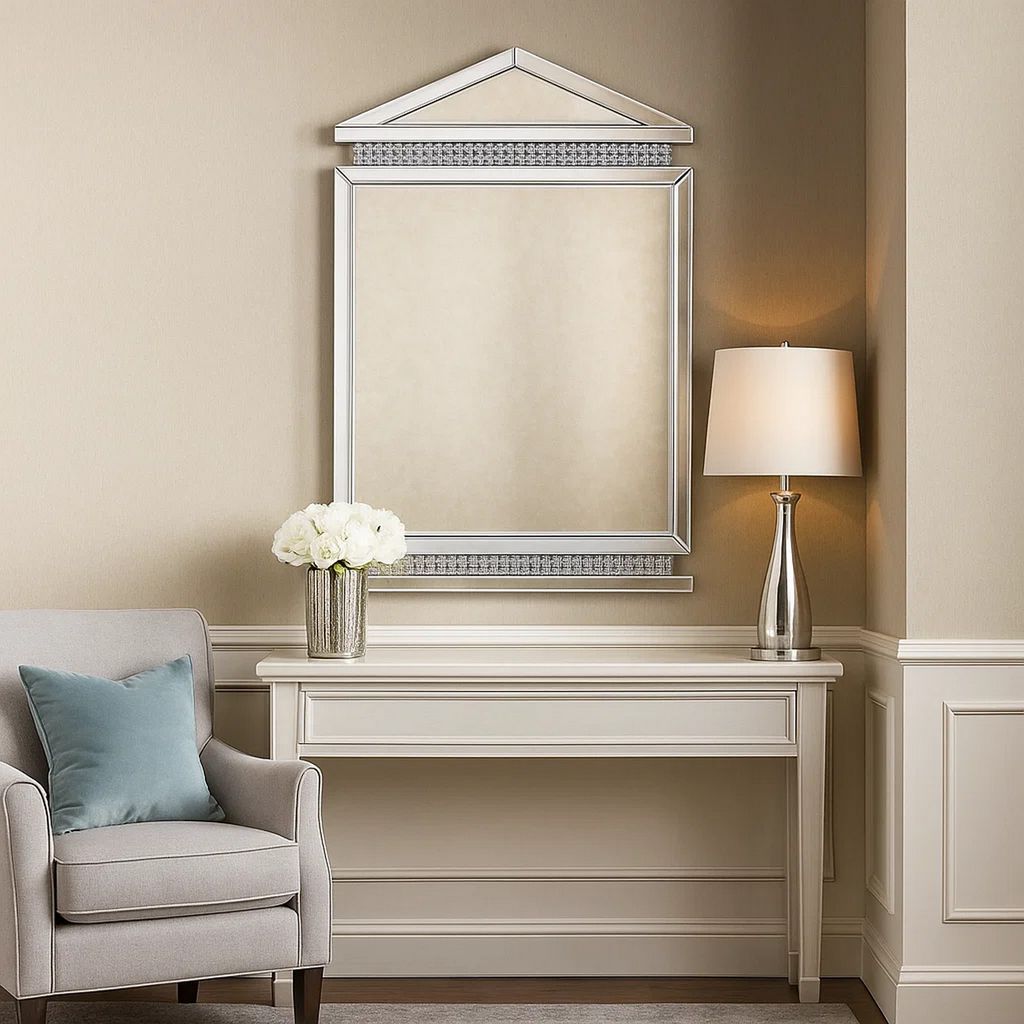 Rectangular Mirror Wall Decor with Faux Crystals and Triangular Top, Silver - View 4