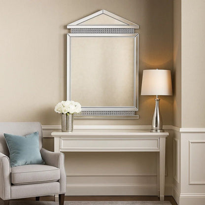 Rectangular Mirror Wall Decor with Faux Crystals and Triangular Top, Silver - View 4