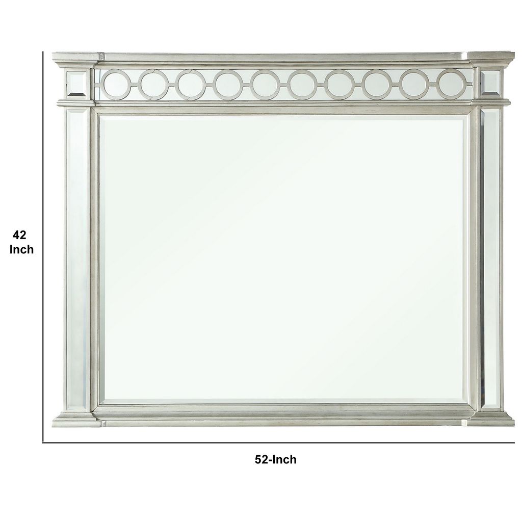 Wooden Raised Geometric Pattern Frame Mirror with Beveled Edges, Silver - View 6