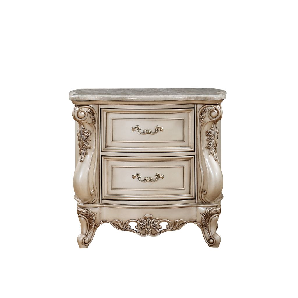 2 Drawer Nightstand With Raised Scrolled Floral Moulding, White - View 3