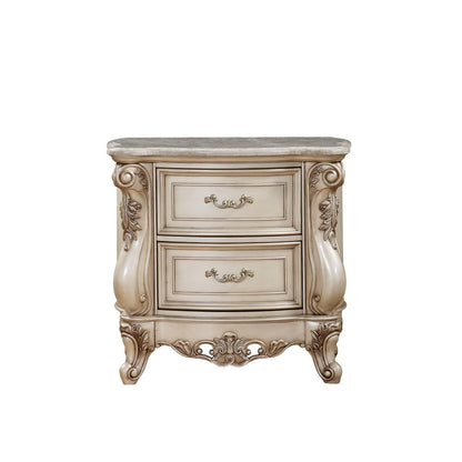 2 Drawer Nightstand With Raised Scrolled Floral Moulding, White - View 3
