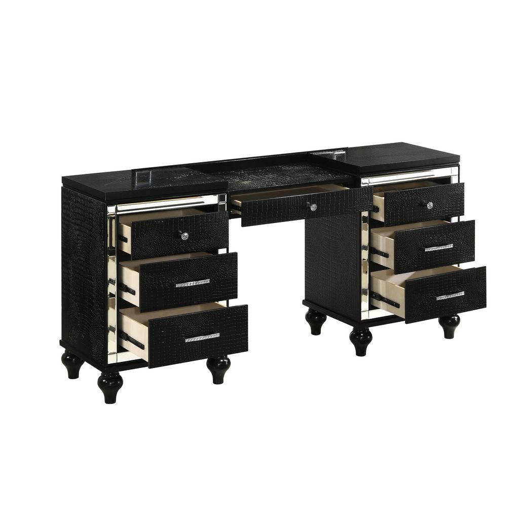Kya 64 Inch Vanity Dresser Table with 7 Drawers, Mirrored Trim, Glam Black - View 3