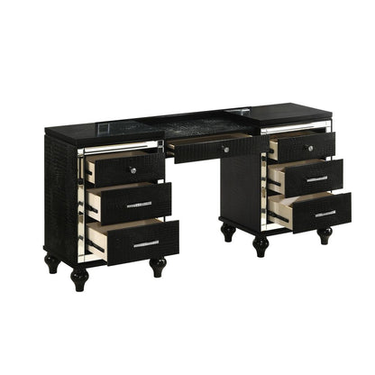 Kya 64 Inch Vanity Dresser Table with 7 Drawers, Mirrored Trim, Glam Black - View 3