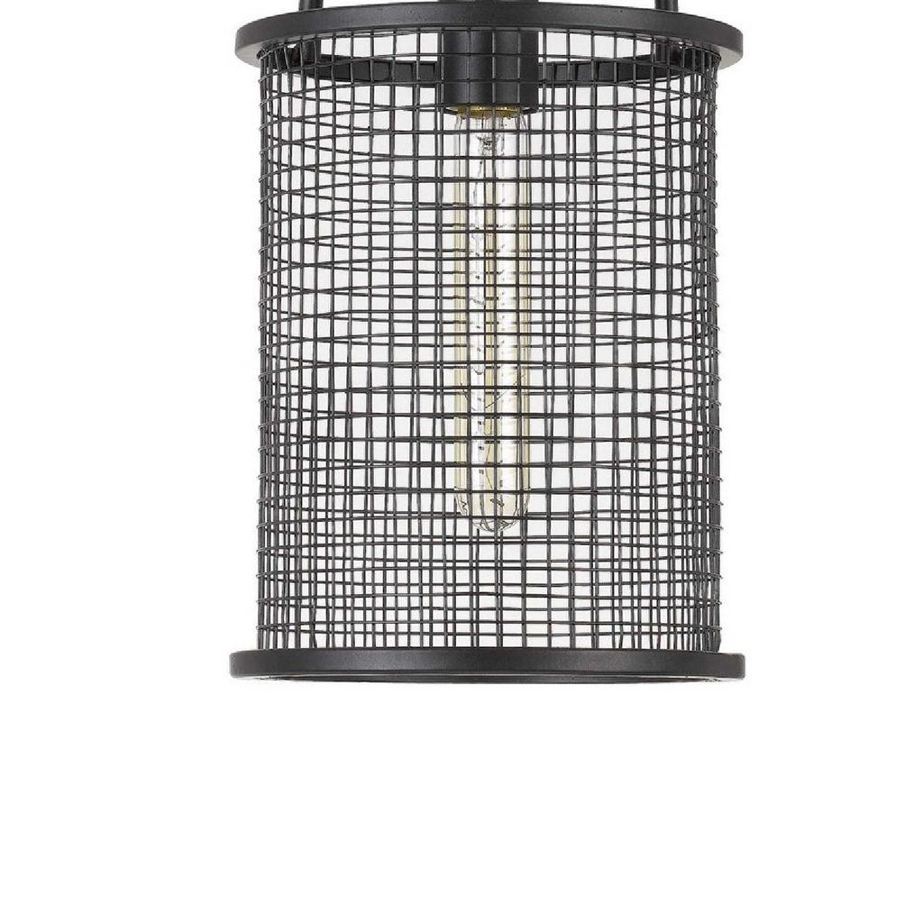 Cylindrical Grid Design Metal Chandelier with Wooden Accent, Black - View 7