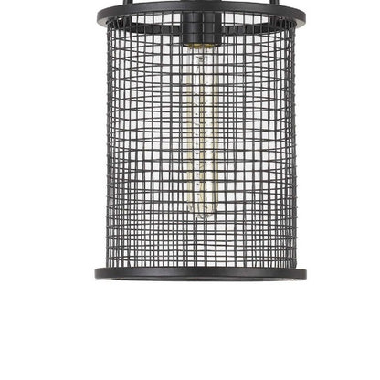 Cylindrical Grid Design Metal Chandelier with Wooden Accent, Black - View 7