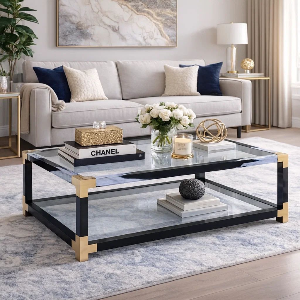 Rectangular Metal Coffee Table with Glass Top and Shelf, Black - View 7