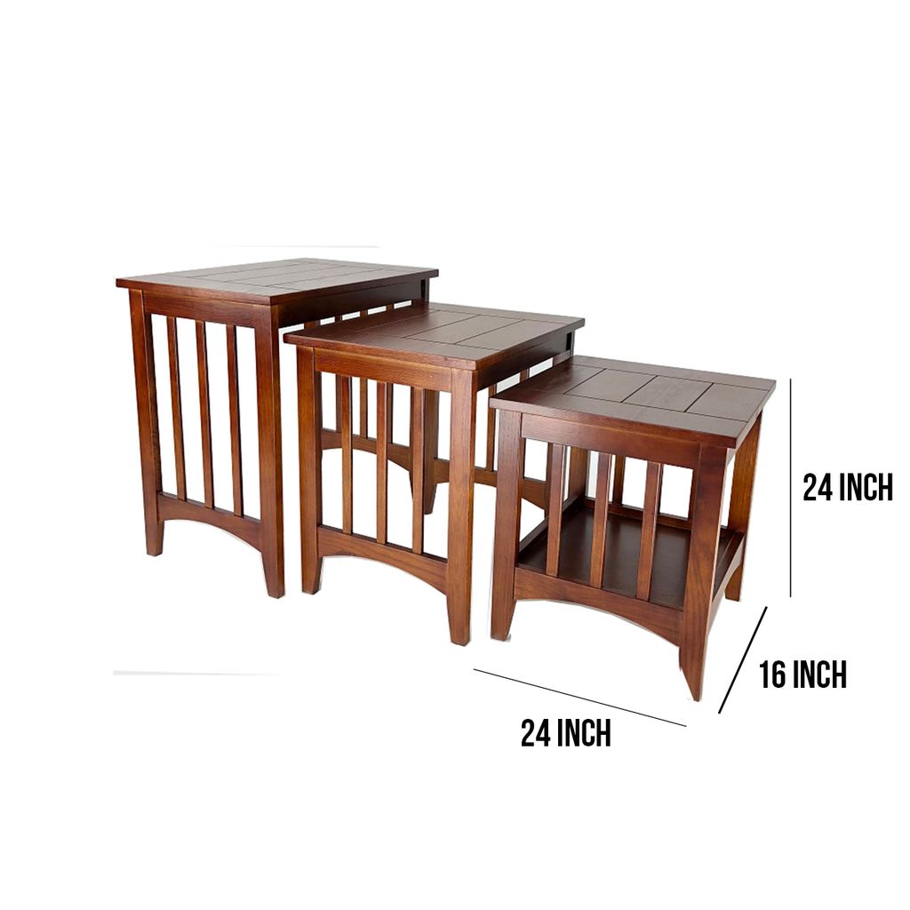 3 Piece Nesting Table with Plank Tabletop and Slatted Sides, Oak Brown - View 6
