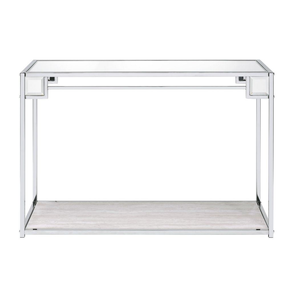 Mirror Top Metal Console Table with Wooden Open Bottom Shelf, Silver - View 2