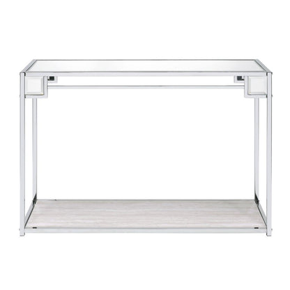 Mirror Top Metal Console Table with Wooden Open Bottom Shelf, Silver - View 2