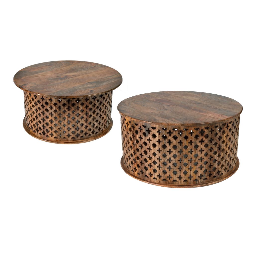 35, 34 Inch Coffee Table Set of 2, Mango Wood Lattice Design, Brown