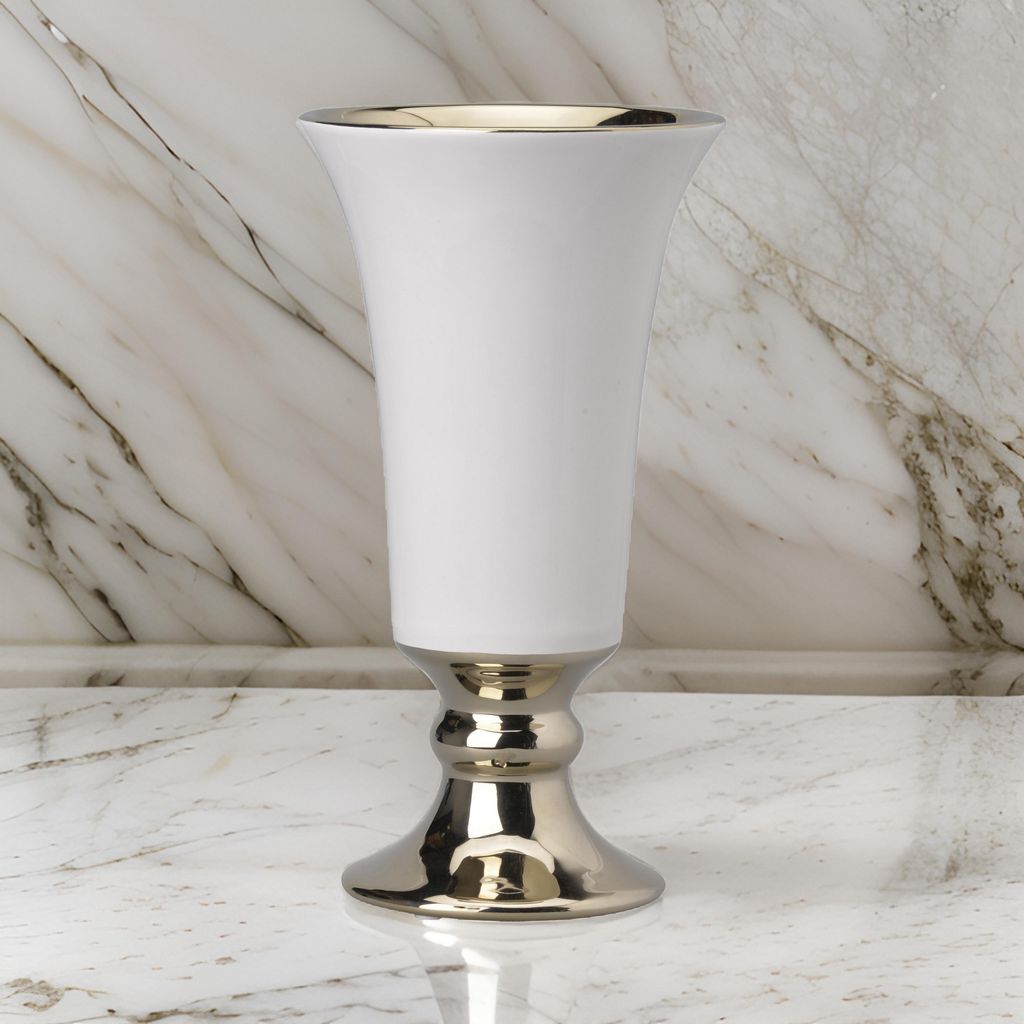 Ceramic Vase with Flared Top and Pedestal Base, Large, White and Gold - View 7