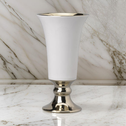 Ceramic Vase with Flared Top and Pedestal Base, Large, White and Gold - View 7