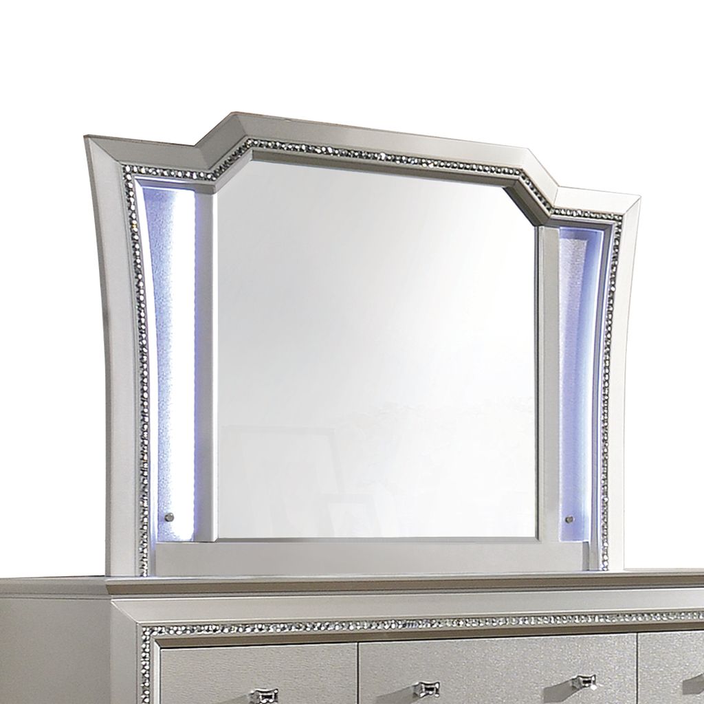 Elegant Mirror with Crystal Sparkling Trim and Led Lights, Silver - View 3