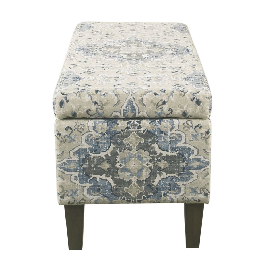 Medallion Print Fabric Upholstered Wooden Bench With Hinged Storage, Large, Blue and Cream - View 5
