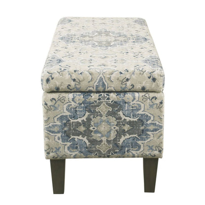 Medallion Print Fabric Upholstered Wooden Bench With Hinged Storage, Large, Blue and Cream - View 5
