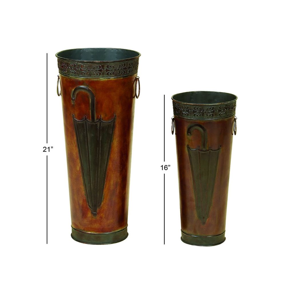 21, 16 Inch Metal Umbrella Stands, Engraved Artwork, Set of 2, Antique Brown, Black - View 2