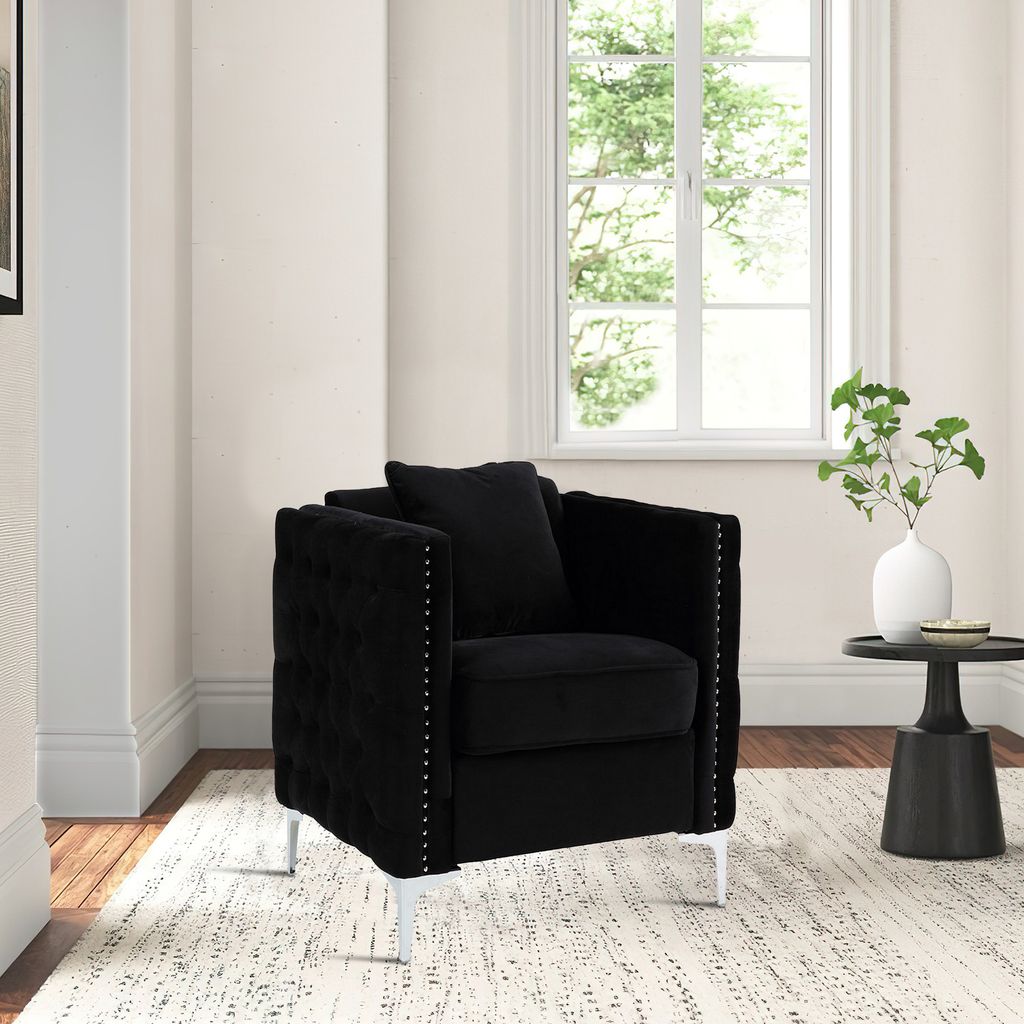 Zion 34 Inch Accent Chair with Throw Pillow, Handmade Tufted, Black Velvet - View 6