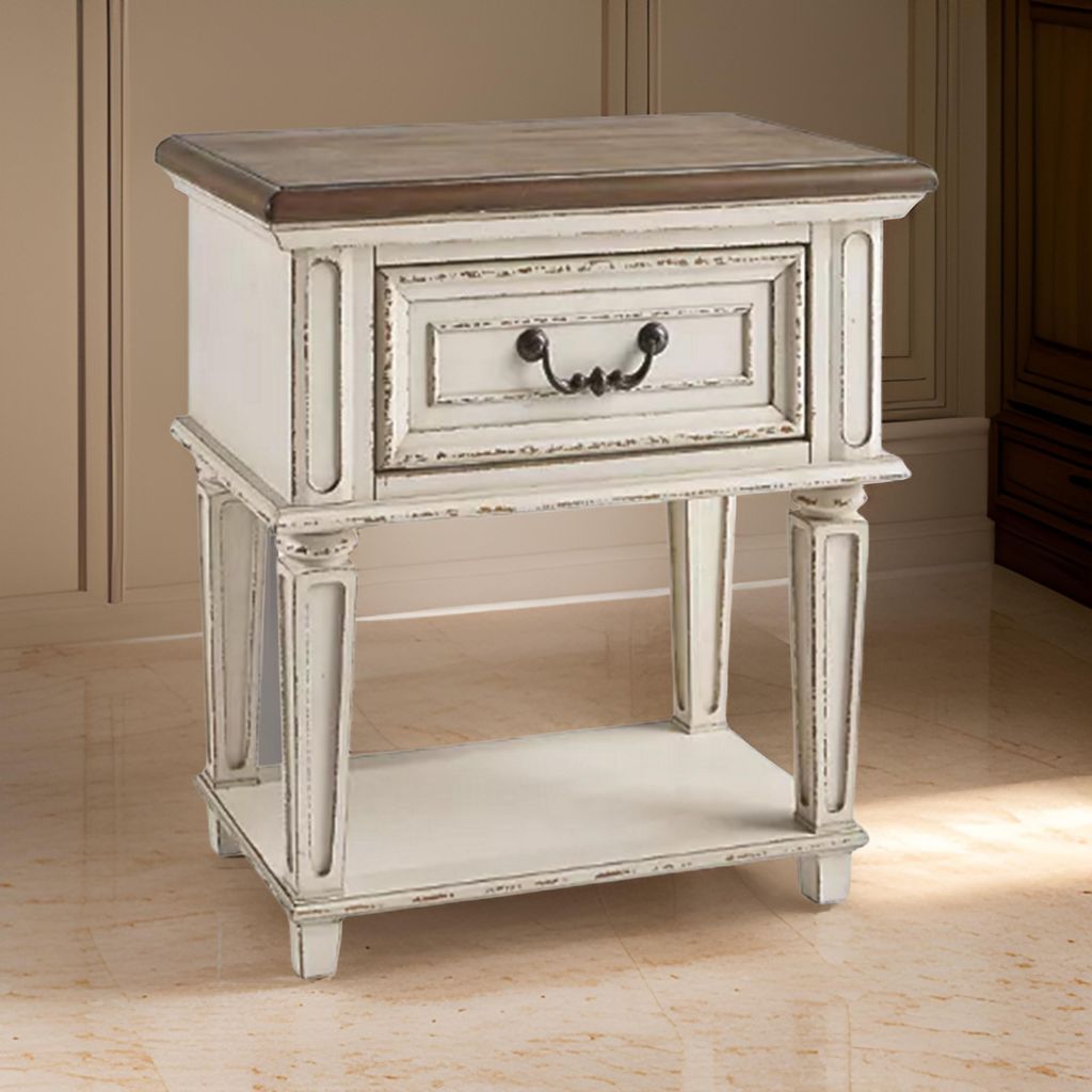 1 Drawer Wooden Frame Nightstand with Tapered Legs, Brown and Antique White - View 7