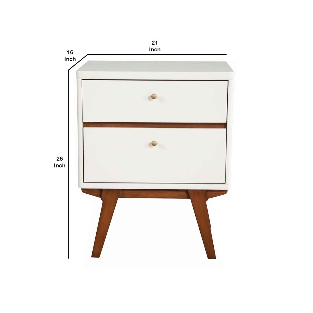 2 Drawer Wooden Nightstand with Angled Legs, White and Brown - View 5