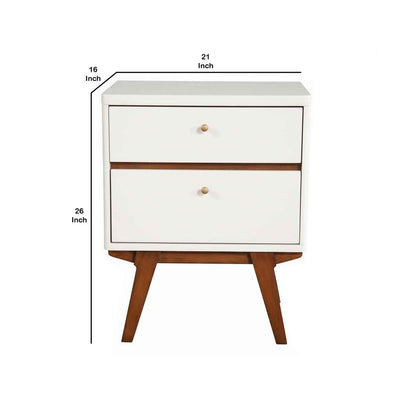 2 Drawer Wooden Nightstand with Angled Legs, White and Brown - View 5