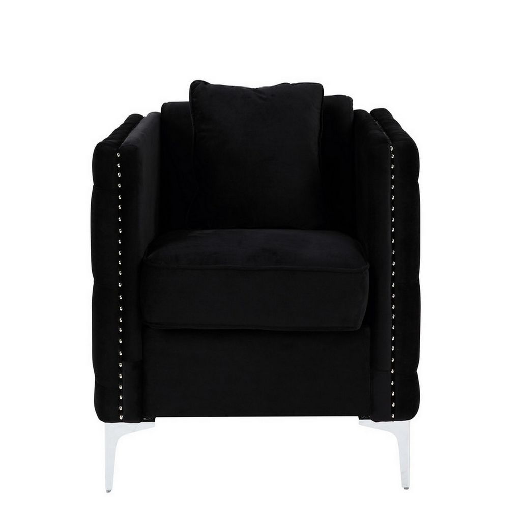 Zion 34 Inch Accent Chair with Throw Pillow, Handmade Tufted, Black Velvet - View 2