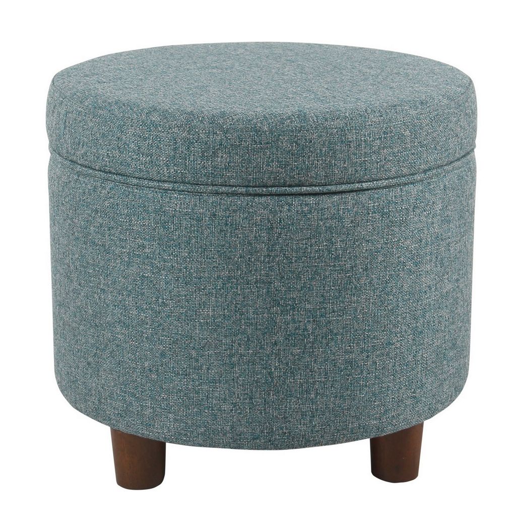 Fabric Upholstered Round Wooden Ottoman with Lift Off Lid Storage, Teal Blue - View 3