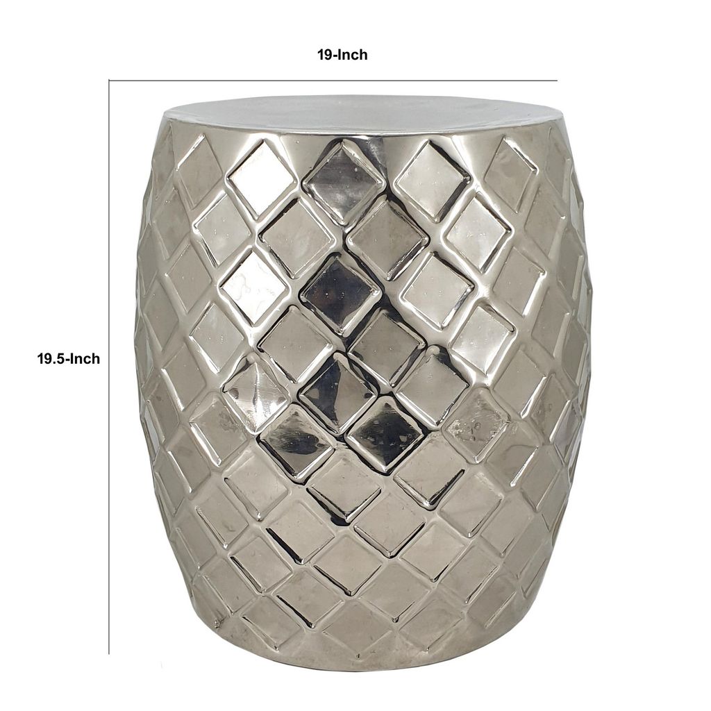 20 Inch Stool Table, Modern, Aluminum Metal, Drum Shape, Elegant Silver - View 6