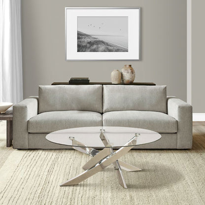 Oval Shape Glass Top Coffee Table with Criss Cross Base, Silver and Clear - View 7
