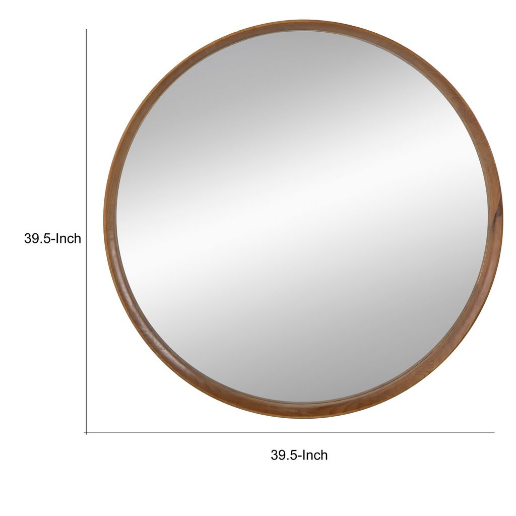 Roe 40 Inch Round Accent Mirror, Brown Pine Wood Frame, Wall Hung - View 5