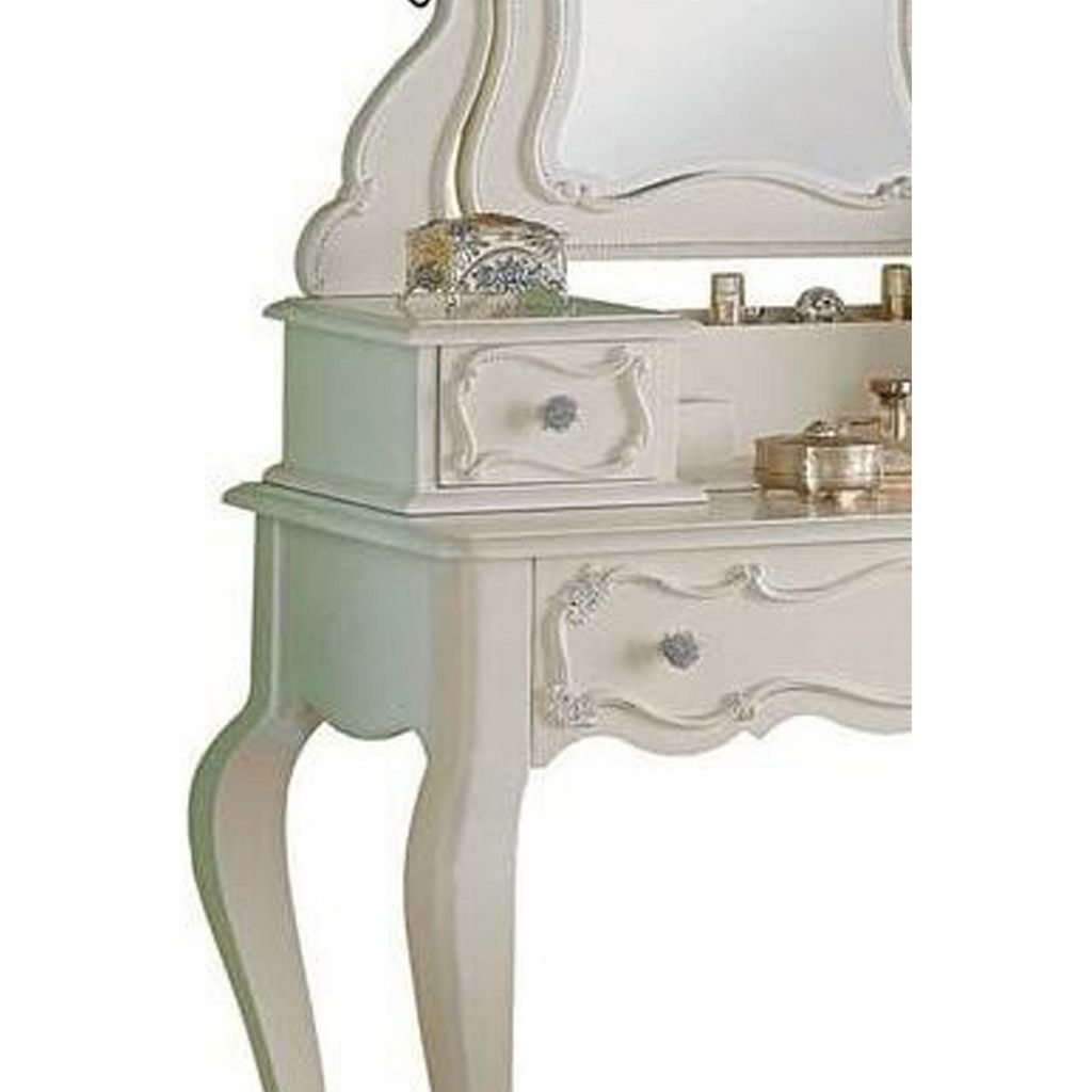 63 Inch Wood Classic Vanity Desk with Mirror, 3 Drawers, Carved, White - View 3