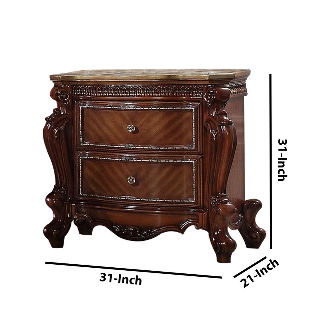 2 Drawer Wooden Nightstand with Metal Knobs and Carved Details, Brown - View 5