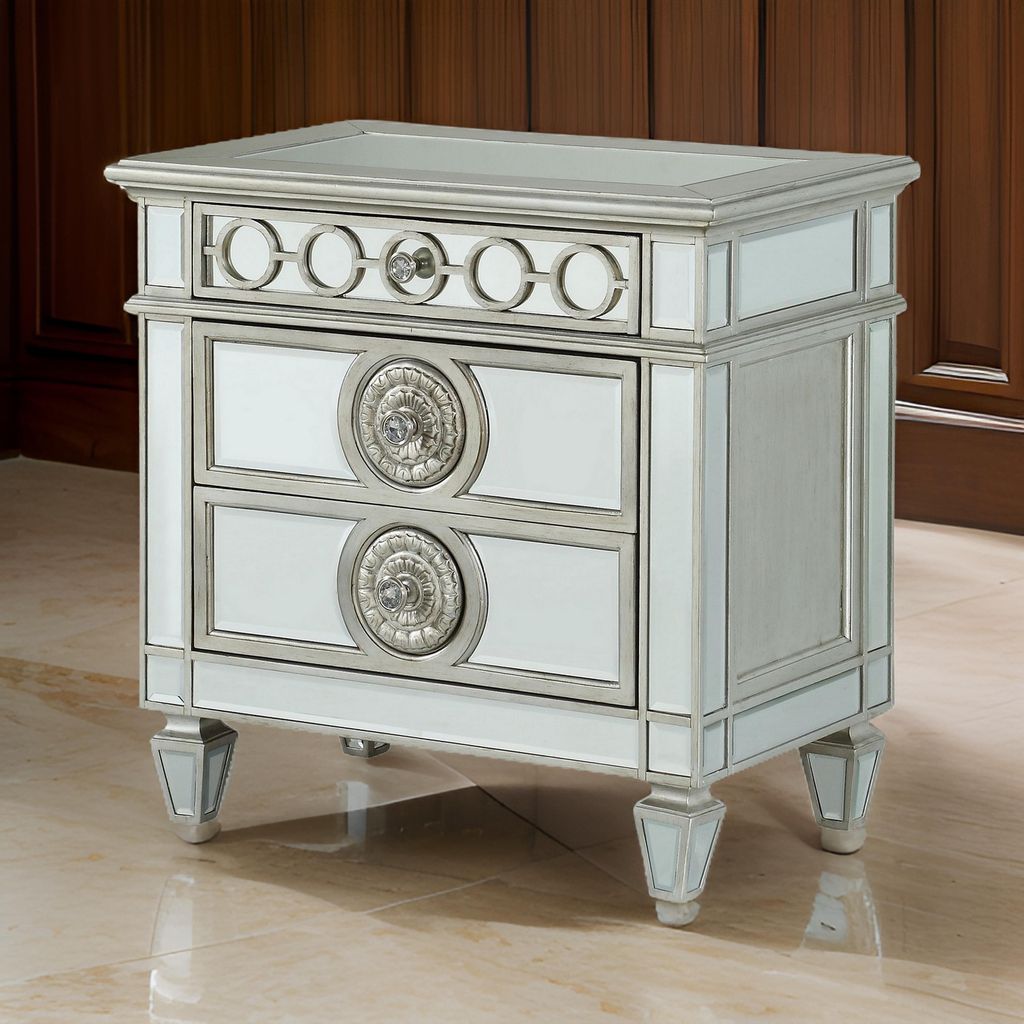 Mirror Accented Wooden Nightstand with 3 Storage Drawers, Silver - View 7