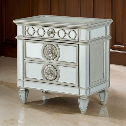 Mirror Accented Wooden Nightstand with 3 Storage Drawers, Silver - View 7