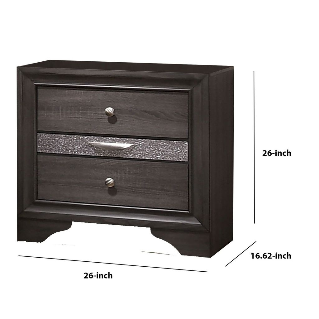 Wooden Nightstand with 2 Drawers and 1 Jewelry Drawer, Gray and Silver - View 6