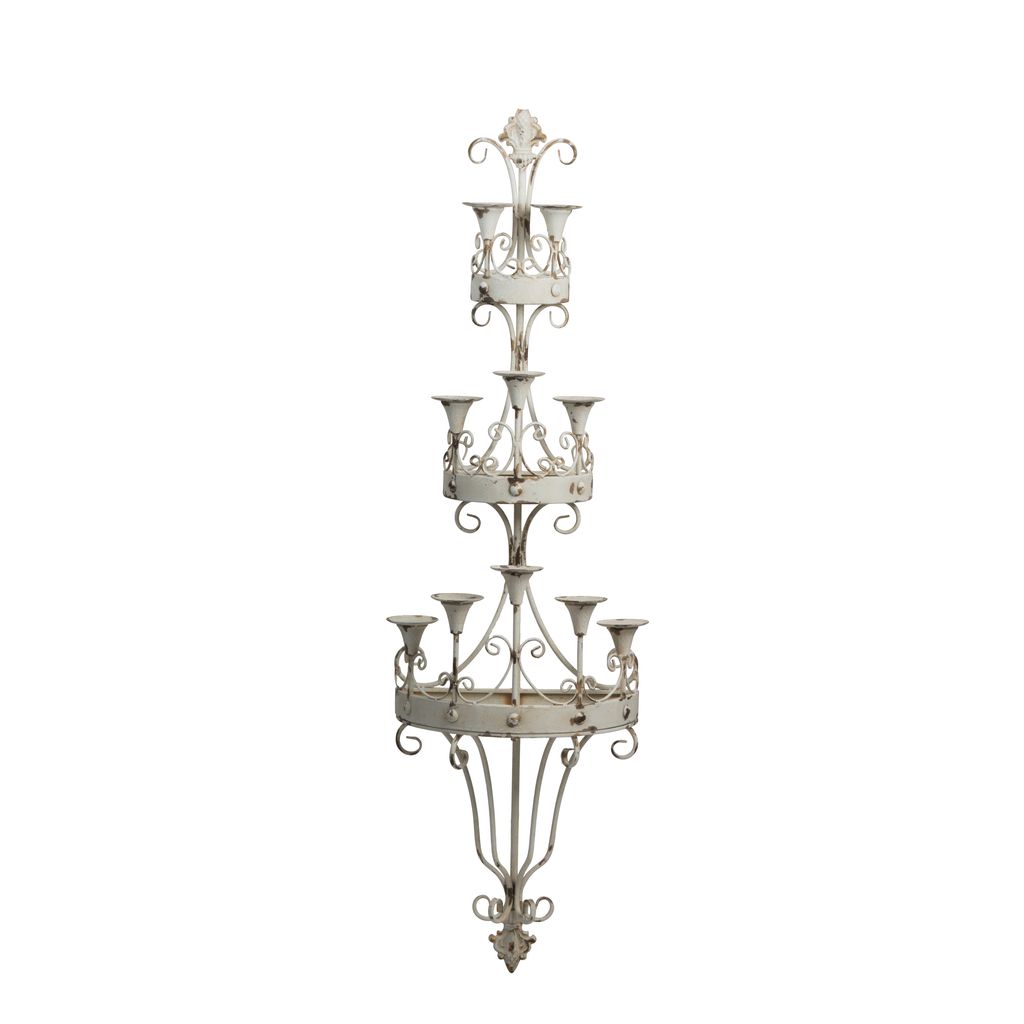 16 Inch Wall Mount Candle Holder, Ornately Scrolled White Metal Finish