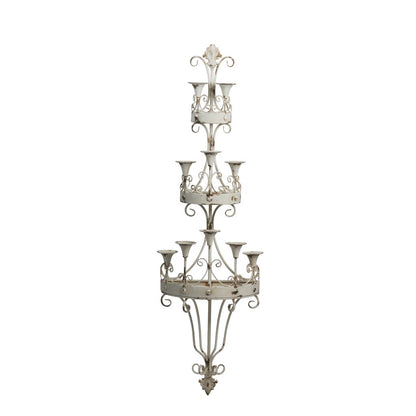 16 Inch Wall Mount Candle Holder, Ornately Scrolled White Metal Finish