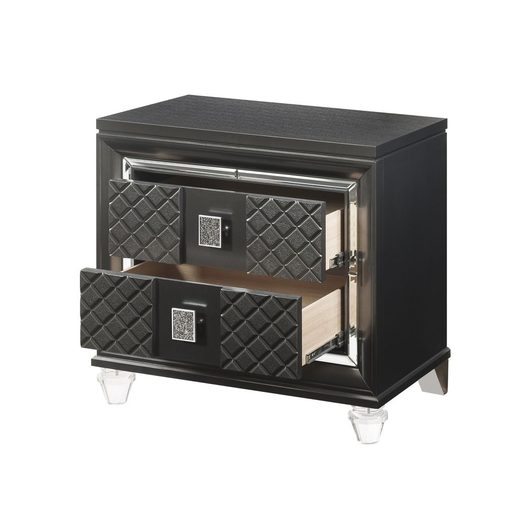 2 Drawer Wooden Nightstand with Mirror Accents and Diamond Pattern, Black - View 4