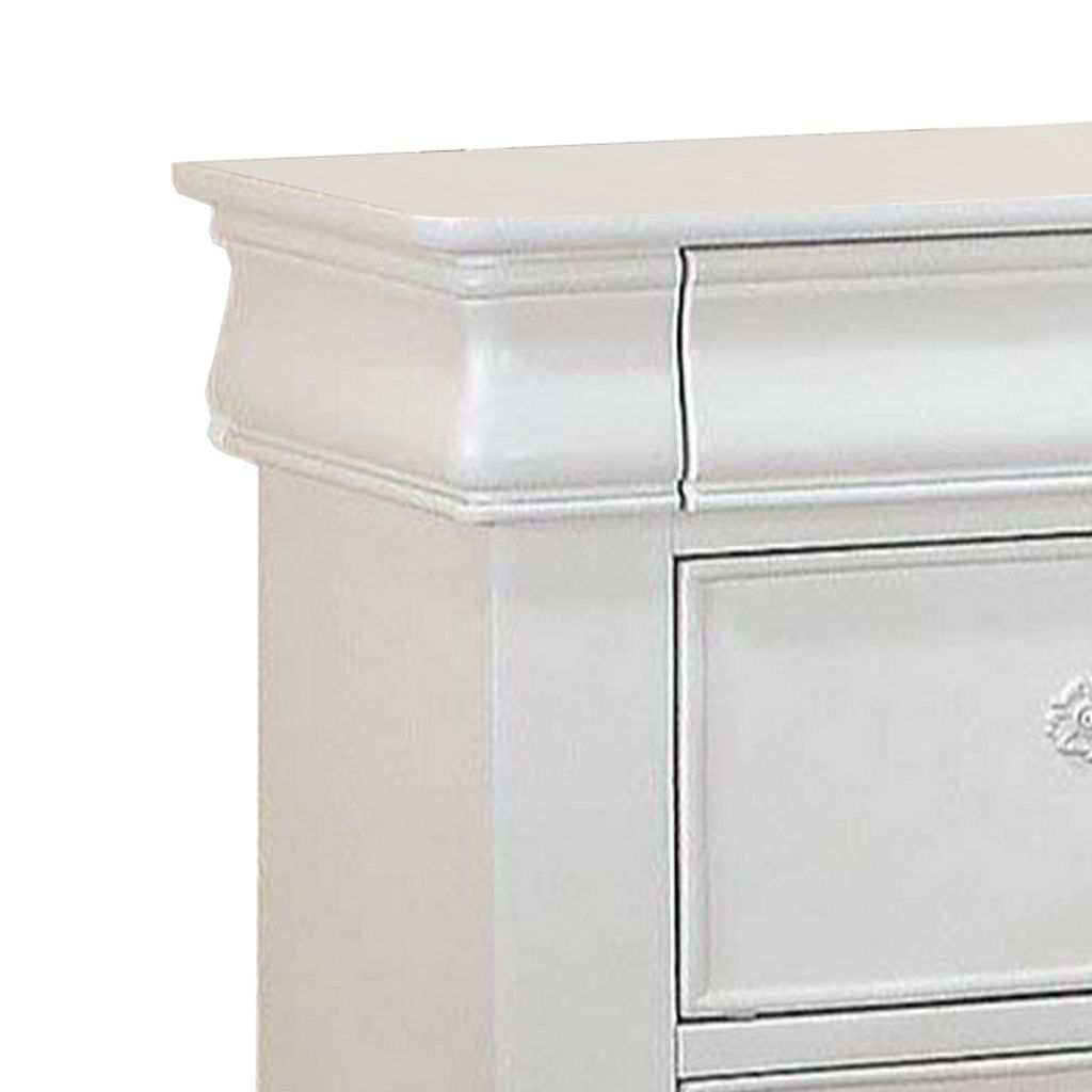 Three Drawer Nightstand With One Hidden Top Drawer And Scalloped Feet, White - View 2