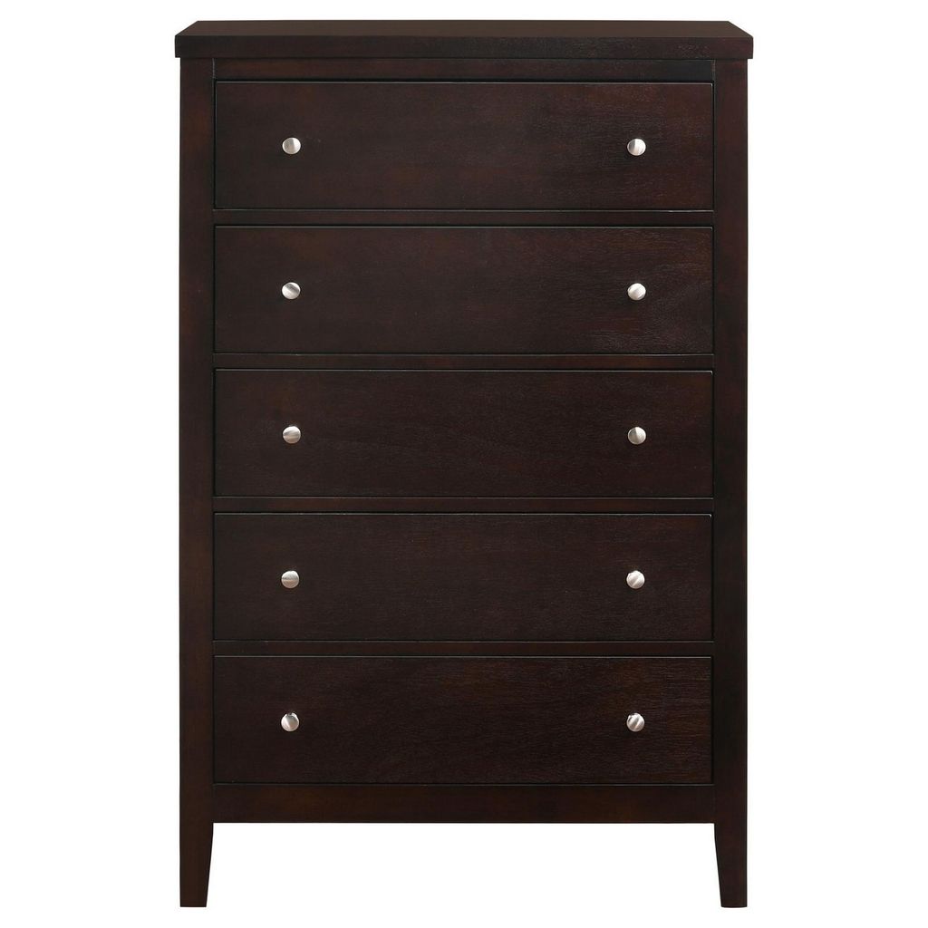Con 48 Inch Tall 5 Drawer Dresser Chest, Silver Knobs, Cappuccino Brown - View 2