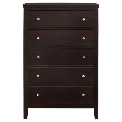 Con 48 Inch Tall 5 Drawer Dresser Chest, Silver Knobs, Cappuccino Brown - View 2