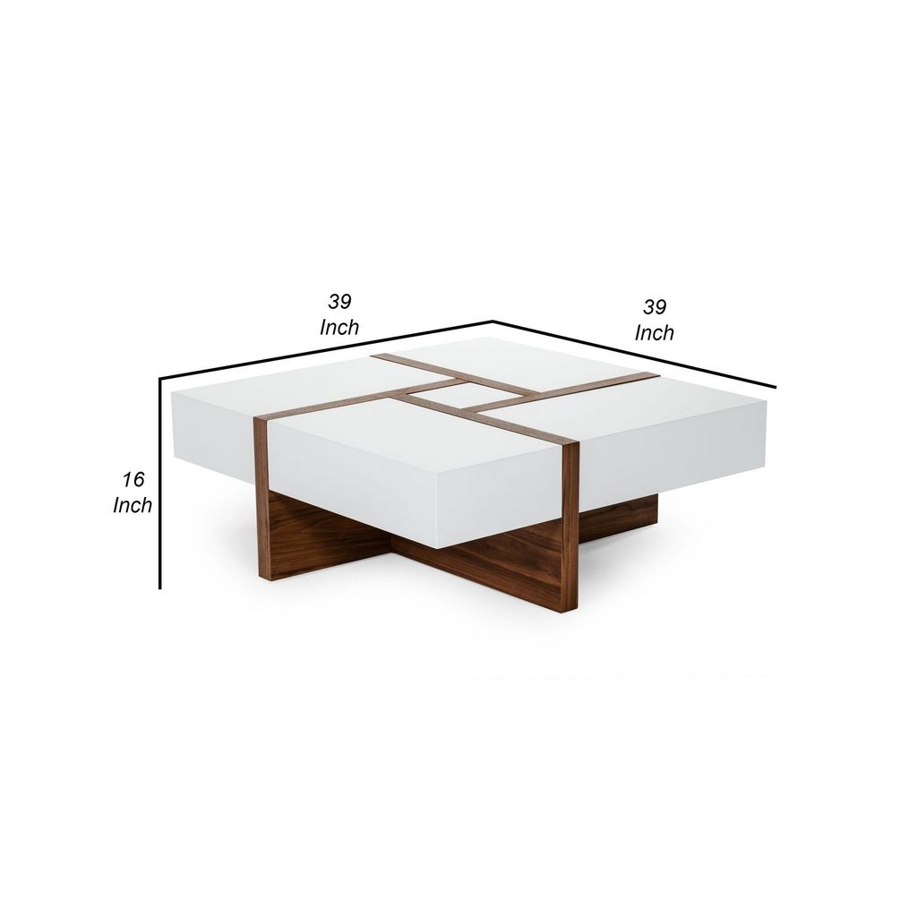 Cid 39 Inch Modern Wood Coffee Table, Puzzle Top Storage, White, Walnut - View 5
