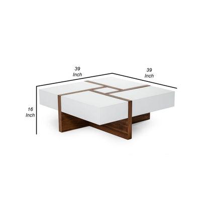 Cid 39 Inch Modern Wood Coffee Table, Puzzle Top Storage, White, Walnut - View 5