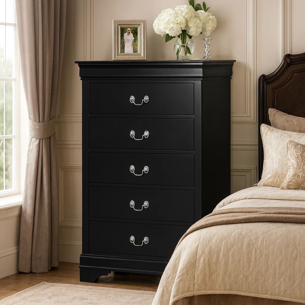 48 Inch Wood Tall Dresser Chest, Metal Drop Handles, Black - View 7