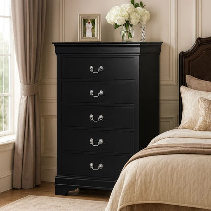 48 Inch Wood Tall Dresser Chest, Metal Drop Handles, Black - View 7