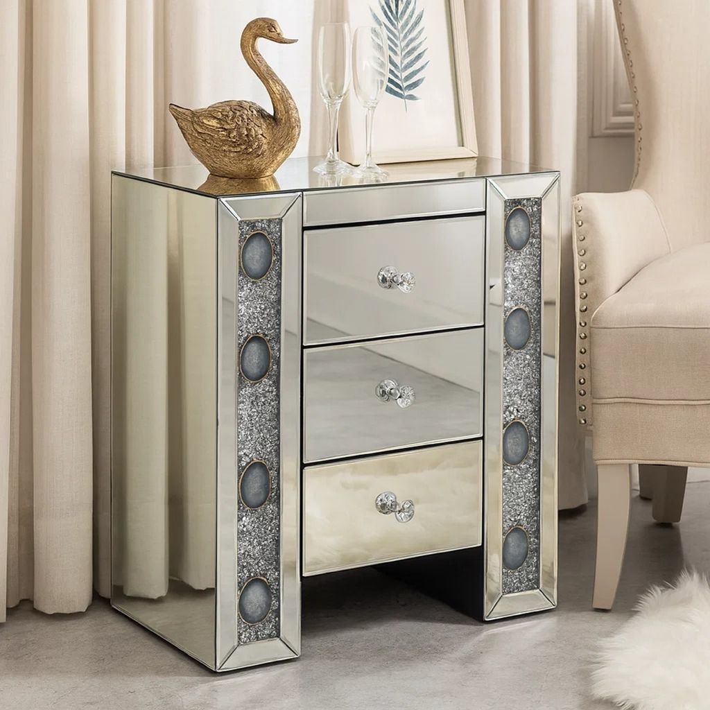 Wood & Mirror Nightstand with Agate Inserts, Silver - View 7
