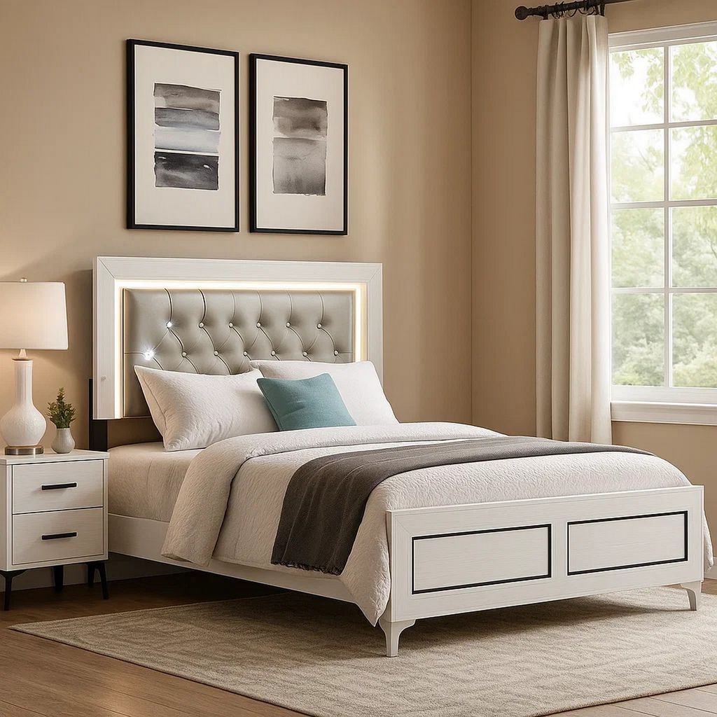 Elegant Queen Size Bed, LED Trim, Button Tufted Headboard, White - View 7