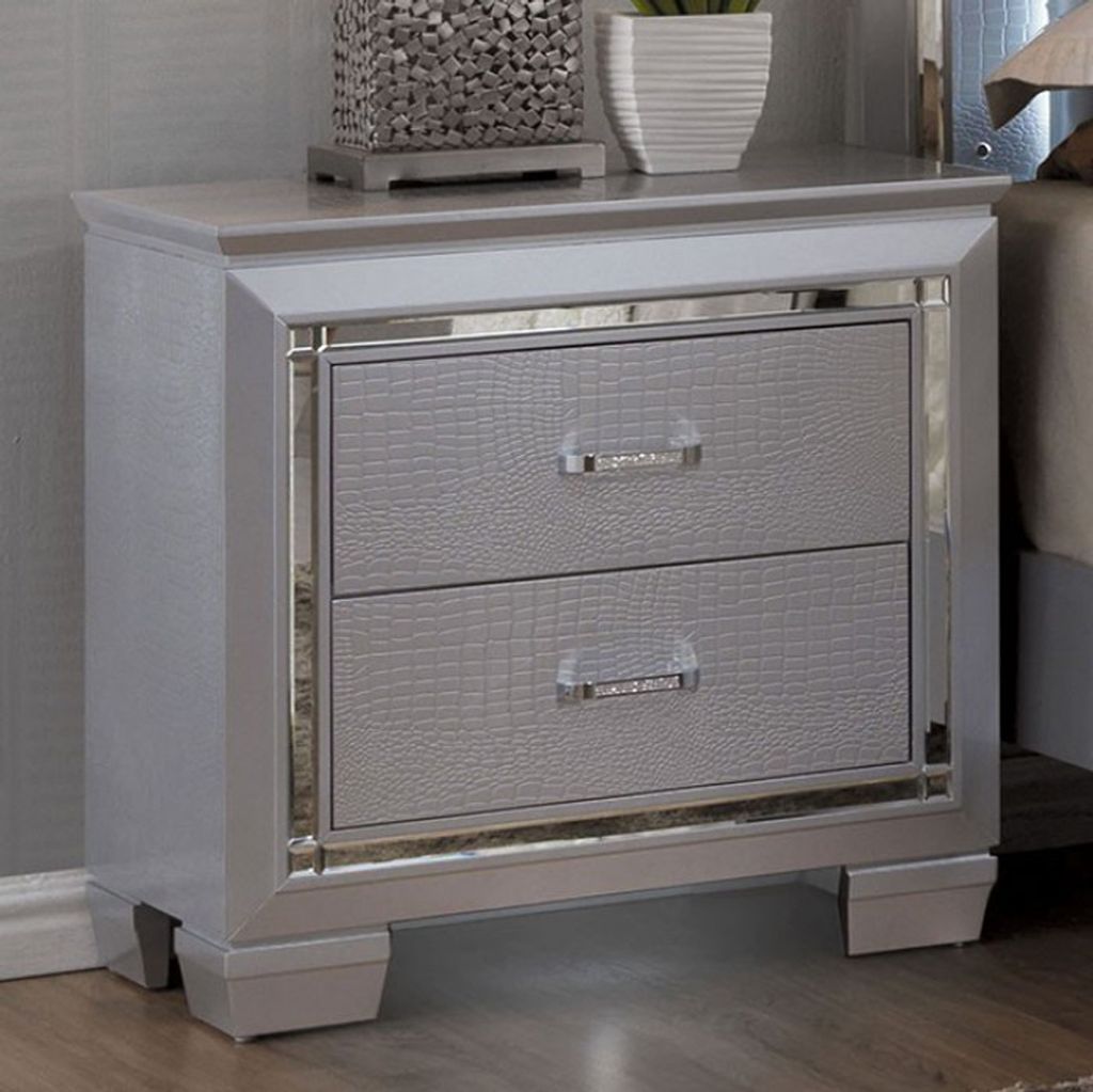 2 Drawer Wooden Nightstand with Embossed Textured Details, Gray - View 2
