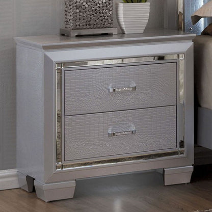 2 Drawer Wooden Nightstand with Embossed Textured Details, Gray - View 2