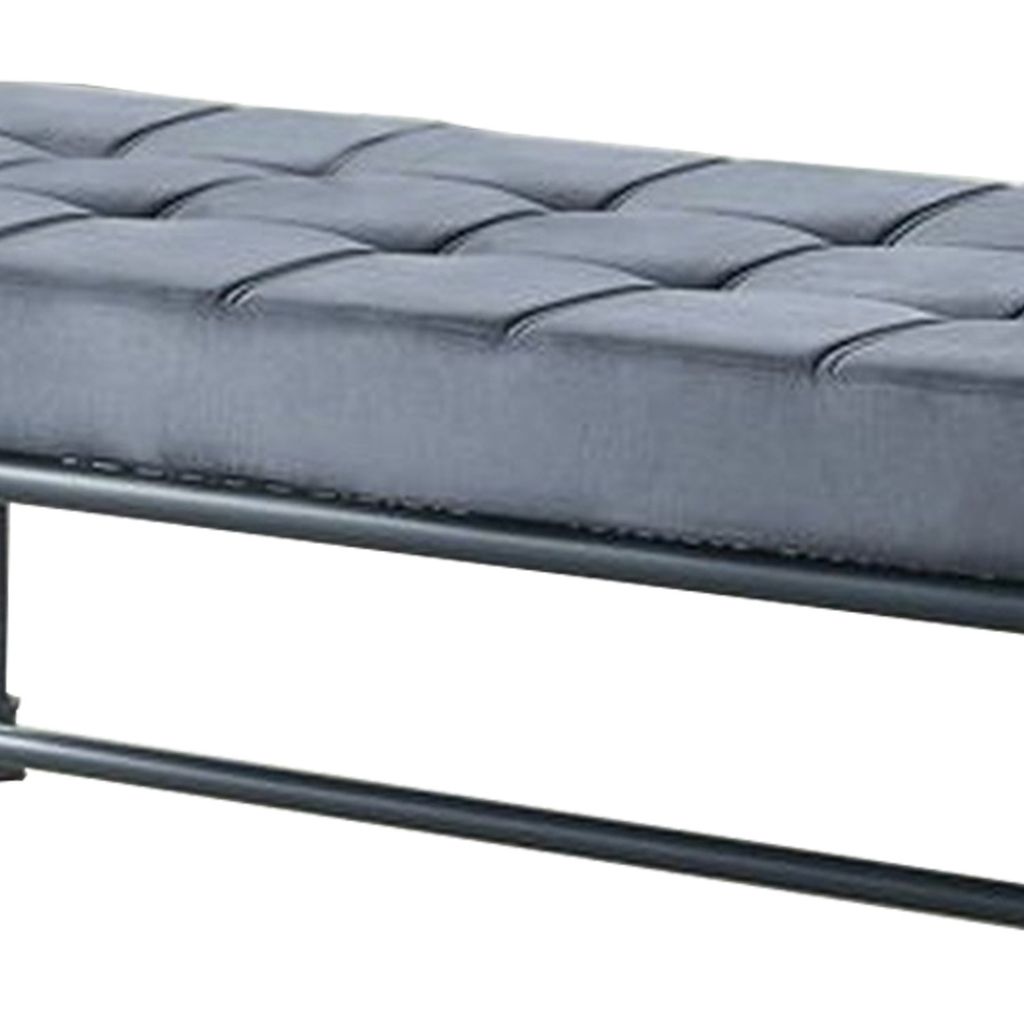 Bench with Button Tufted Seat and Pipe Style Metal Frame, Gray - View 3